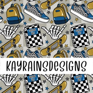 May include: A repeating pattern featuring skateboards, backpacks, sneakers, notebooks, and skeleton hands. The design includes a checkerboard pattern, stars, and the text "KAYRAINSDESIGNS". The color palette includes yellow, blue, black, and white.