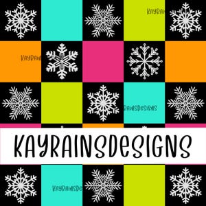 May include: A vibrant, geometric design with white snowflakes set against a checkerboard of black, orange, pink, turquoise, and lime green squares. The text "KAYRAINSDESIGNS" is displayed in a white rectangle.