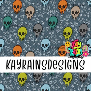 May include: A repeating pattern featuring multi-colored melting skulls in orange, green, blue, and grey, interspersed with white hand-drawn star outlines on a dark grey background. The text KAYRAINSDESIGNS appears in a large white banner.