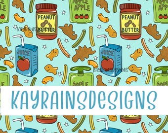 May include: A seamless pattern featuring a variety of lunchbox snacks, including apple sauce pouches, peanut butter jars, juice boxes, goldfish crackers, and celery sticks. The background is a light blue color with white stars.
