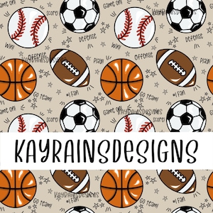 Puede incluir: Un patrón sin costuras que presenta varios balones deportivos, incluyendo balones de baloncesto, béisbol, fútbol y fútbol. El fondo es de color marrón claro con estrellas blancas y texto negro que dice "Game on!" "Win!" "Defense" "Play!" "Offense" "Go team!" "Score!" y "#1 Fan".