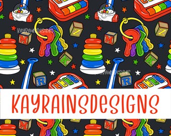 May include: A seamless pattern featuring colorful baby toys on a black background. The toys include a xylophone, stacking rings, keys, and blocks. The pattern is perfect for baby-themed crafts and projects.