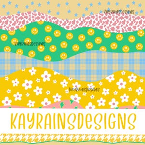 Op de afbeelding: Een digitale collage met verschillende kleurrijke patronen, waaronder smiley-gezichten, bloemen en ruitjes. Onderaan de collage staat de tekst "KAYRAINS DESIGNS".