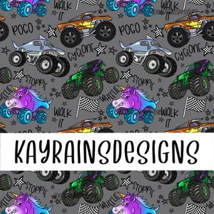 May include: A seamless pattern featuring a variety of monster trucks, unicorns, and stars on a gray background. The monster trucks are in various colors, including green, blue, and orange. The unicorns are purple and blue with gold horns. The text "WALK IT" and "POGO" are repeated throughout the pattern.