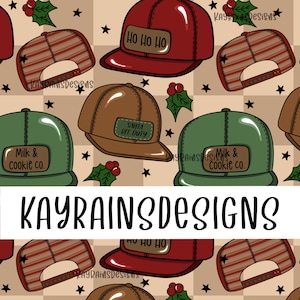 May include: A repeating pattern featuring baseball caps in red, brown, and green, with text including "HO HO HO", "SANTA OFF DUTY", and "Milk & Cookie Co." The background is tan with black stars and holly.