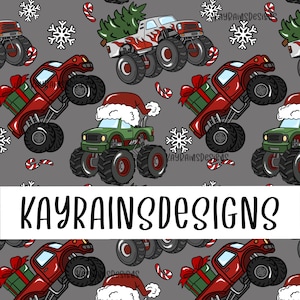 May include: A repeating pattern of cartoon monster trucks in red, green, and white, adorned with Christmas decorations such as gifts, candy canes, snowflakes, and Santa hats. The text "KAYRAINSDESIGNS" is displayed in a white rectangular banner.