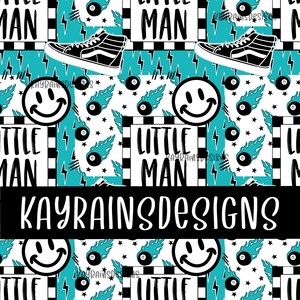 May include: A repeating pattern featuring black and white high-top sneakers, smiley faces, and the text "LITTLE MAN." The design includes teal lightning bolts, shooting flames, and 8-ball graphics. The text "KAYRAINSDESIGNS" is also present.
