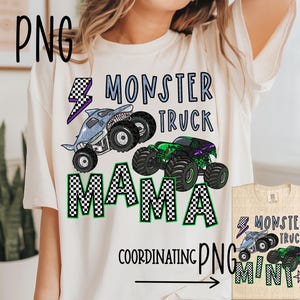 May include: White t-shirt with a black and white checkered design that says "Monster Truck Mama". The shirt features a cartoon monster truck and a shark monster truck. The text "Coordinating PNG Mini" is also visible on the shirt.