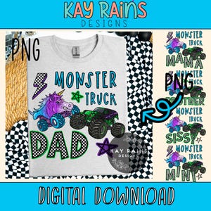 Puede incluir: Una camiseta gris claro con un diseño de "Monster Truck Dad" que presenta un unicornio y un monster truck. El diseño incluye el texto "Monster Truck" y "Dad" en un patrón de cuadros. La imagen también muestra otros diseños.