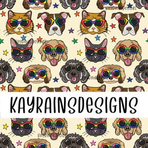 May include: A seamless pattern featuring various animals wearing rainbow-colored sunglasses. The animals include cats, dogs, and a poodle. The background is a light yellow with scattered stars.
