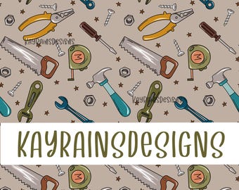 May include: A seamless pattern featuring various tools on a beige background. The tools include a hammer, saw, wrench, pliers, screwdriver, and a tape measure. The pattern is repeated throughout the image.
