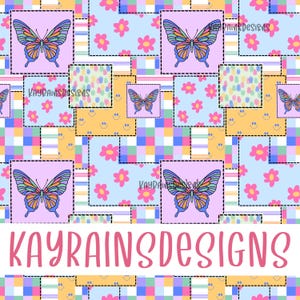 May include: A seamless pattern featuring a patchwork design with butterflies, flowers, and smiley faces. The background is a mix of pastel colors, including pink, blue, yellow, and green. The pattern is perfect for fabric, wallpaper, or other creative projects.