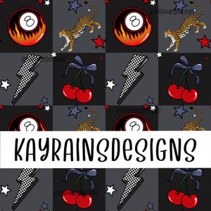 May include: A seamless pattern featuring a black and white checkered lightning bolt, a red and white cherry with a blue bow, a leopard print, a red and orange 8-ball with flames, and the text "KAYRAINS DESIGNS" on a gray background.