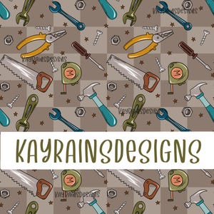 May include: A seamless pattern featuring various tools, including a hammer, wrench, pliers, saw, and tape measure. The tools are illustrated in a cartoon style and are set against a brown and white checkered background.