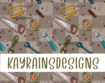 May include: A seamless pattern featuring various tools, including a hammer, wrench, pliers, saw, and tape measure. The tools are illustrated in a cartoon style and are set against a brown and white checkered background.
