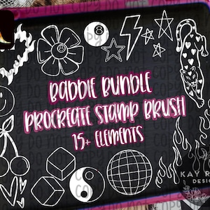 Può includere: Un pacchetto di arte digitale nero con elementi di linea bianca, tra cui un fiore, una faccina sorridente, ciliegie, stelle, un fulmine e un leopardo. Il testo recita "Baddie Bundle Procreate Stamp Brush 15+ Elements."