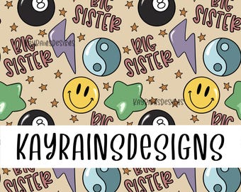 May include: A repeating pattern featuring a variety of colorful graphics. The design includes black 8-ball pool balls, smiley faces, green stars, purple lightning bolts, yin-yang symbols, and the words "Big Sister" in pink. The background is tan.