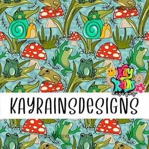 May include: A whimsical pattern featuring green frogs, red-capped mushrooms, and snails on a light blue background. The design includes the text "KAYRAINSDESIGNS" in a white rectangular banner. The overall theme is nature and fantasy.