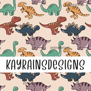 May include: A repeating pattern of cartoon dinosaurs in various colors, including green, orange, brown, and purple, on a light peach background. The text "KAYRAINSDESIGNS" is displayed in a white rectangle at the bottom of the image.