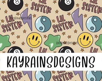May include: A repeating pattern featuring a beige background with various cartoon elements. These include black 8-balls, smiley faces, green stars, yin-yang symbols, and purple lightning bolts. The words "LIL SISTER" are also present.