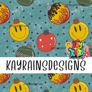 May include: A teal background with a distressed texture and black stars features a repeating pattern of Christmas ornaments including yellow smiley faces, red spheres with white stars, green striped baubles, and flame-patterned spheres.