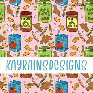 May include: A seamless pattern featuring a variety of lunchbox snacks and drinks. The pattern includes apple sauce pouches, peanut butter jars, juice boxes, goldfish crackers, celery sticks, and macaroni. The background is pink.