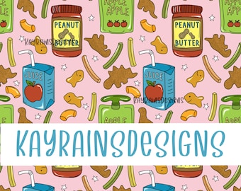 May include: A seamless pattern featuring a variety of lunchbox snacks and drinks. The pattern includes apple sauce pouches, peanut butter jars, juice boxes, goldfish crackers, celery sticks, and macaroni. The background is pink.