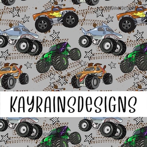 May include: A repeating pattern of cartoon monster trucks in orange, green, and blue, with black tires and checkered flag accents, on a gray background. The text "KAYRAINSDESIGNS" is displayed in a white rectangle.