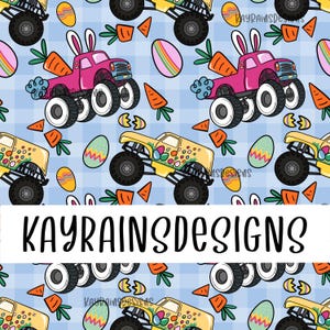 Könnte beinhalten: Oster-Motiv mit pinken und gelben Monstertrucks mit Hasenohren, verzierten Eiern und Karottenscheiben auf hellblauem Karomuster. Der Text "KAYRAINSDESIGNS" wird in einem weißen Rechteck angezeigt.