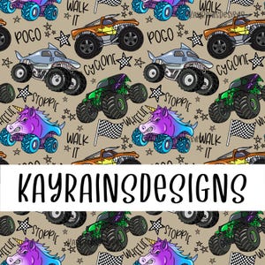 May include: A seamless pattern featuring a variety of monster trucks, unicorns, and stars on a beige background. The monster trucks are green, blue, and orange with black wheels. The unicorns are purple and blue with rainbow manes and tails. The stars are white and black. The text "Walk It" and "Kayrainsdesigns" are also included in the pattern.