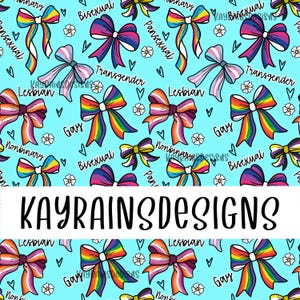 May include: A seamless pattern featuring colorful bows with different pride flag colors and text labels including "Gay", "Lesbian", "Bisexual", "Transgender", "Nonbinary", and "Pansexual" on a light blue background.