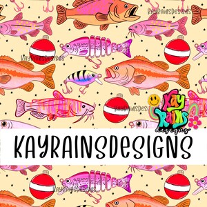 May include: A repeating pattern featuring various fish illustrations in shades of pink, orange, and purple, along with red and white bobbers and fishing lures. The design includes the text "KAYRAINSDESIGNS" in a white rectangle, set against a light yellow background.
