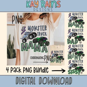 Puede incluir: Una descarga digital de cuatro archivos PNG con un diseño de camión monstruo con las palabras "Monster Truck" y "Mama", "Dad", "Mini" y "Sissy".