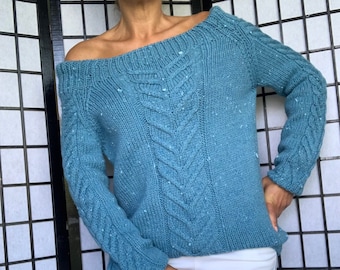 Cable Knitted Blue Slouchy Warm Womens Sweater, Wool Oversized Sweater, Handmade Sweater For Women, Off the shoulder Casual Sweater
