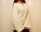 Ivory Hand Knit Sweater For Women, Wide Sleeve Oversized Slouchy Wool Sweater, Loose Knitted Sweater, Fluffy Sweater with Bell Sleeves