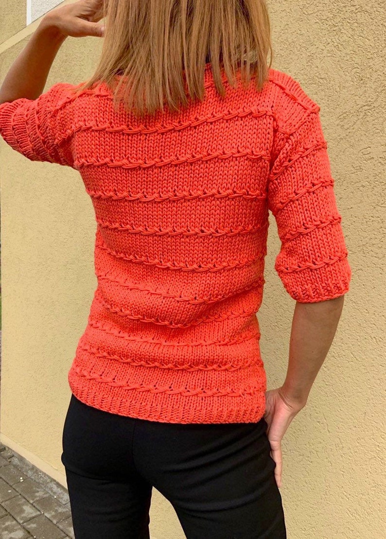 Pull corail tricoté à la main en coton pour femmes pull en ...