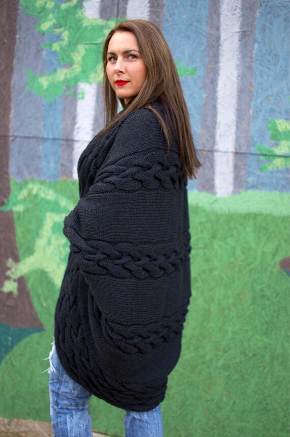 black chunky knit cardigan womens