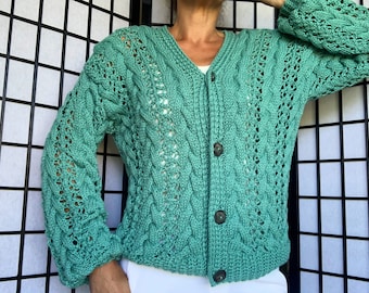 Hand knit button cardigan sweater for women Cable knit bomber jacket, Ladies Cardigan