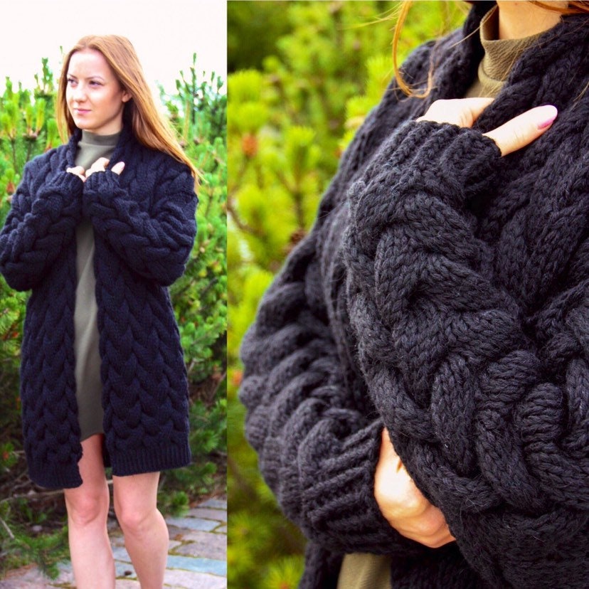 black chunky knit cardigan womens