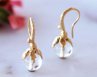 Solid Gold Earrings, Quartz Earrings, Leaf Earrings, Romantic Earrings, Dainty Earrings, Nature Inspired Earrings, Bridal Earrings