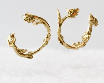 14K Gold stud earrings, open circle studs, solid Gold bird post earrings, nature artisan round branch earrings, Geometric jewelry