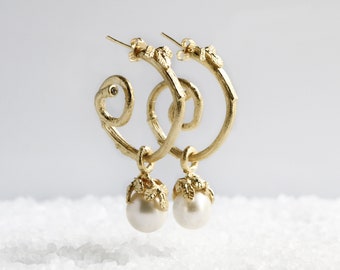 Pearl Earrings, Nature Inspired Earrings, Nature Earrings, Gold Earrings, Hoop Stud Earrings, Botanical Earrings, Dainty Earrings, Boho