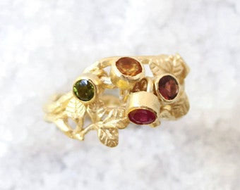 Colorful Ring, Dangle Charm Ring, Unique Ring, Romantic Ring, Botanic Jewelry, Gemstone Ring, 14K Gold Ring, Twig Ring, Nature Ring