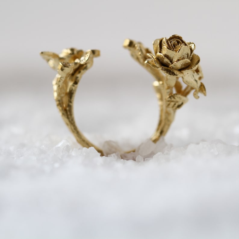 Diamond Ring, Rose Ring, Open Ring, Unique Gold Ring, Flower Ring, Leaf Ring, Solid Gold Ring, Romantic Ring, Nature Ring, Statement Ring image 2