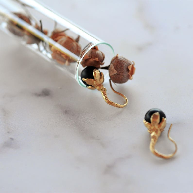 Leaf Earrings, Romantic Earrings, Dainty Earrings, Onyx Earrings, Nature Inspired Earrings, Solid Gold Earrings, Bridal Earrings image 2