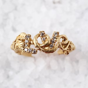 Amore anello-oro amore anello, unico, anello di natura, 14 carati tempestato di diamanti anello d'oro, anello d'oro, anello di istruzione, rosa anello, Boho anelli, anello di amore