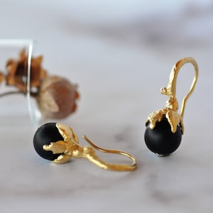 Leaf Earrings, Romantic Earrings, Dainty Earrings, Onyx Earrings, Nature Inspired Earrings, Solid Gold Earrings, Bridal Earrings image 1