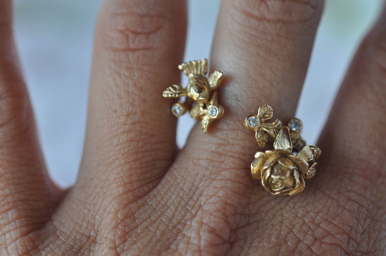 Diamond Ring, Rose Ring, Open Ring, Unique Gold Ring, Flower Ring, Leaf Ring, Solid Gold Ring, Romantic Ring, Nature Ring, Statement Ring image 7