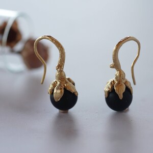 Leaf Earrings, Romantic Earrings, Dainty Earrings, Onyx Earrings, Nature Inspired Earrings, Solid Gold Earrings, Bridal Earrings image 3