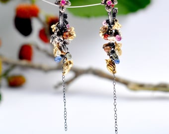 Multi stone drop cluster earrings, oxidized Silver hoops with Saphire and Ruby gems, long dangle 14K gold bridal earrings, gemstone jewelry